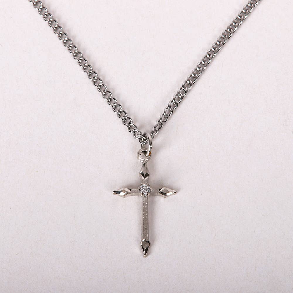 Necklace Cross Stone SS 16-18" Platinum Plated Brass Chain