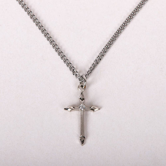 Necklace Cross Stone SS 16-18" Platinum Plated Brass Chain