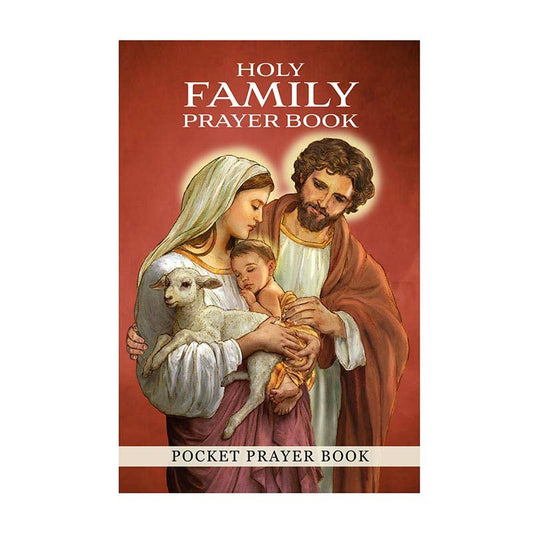 Cover of 'Holy Family Prayer Book' with illustration of Mary, Joseph, and baby Jesus on a red background.