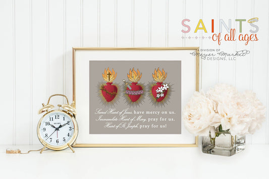 Sacred heart of Jesus, Mary and Joseph poster print