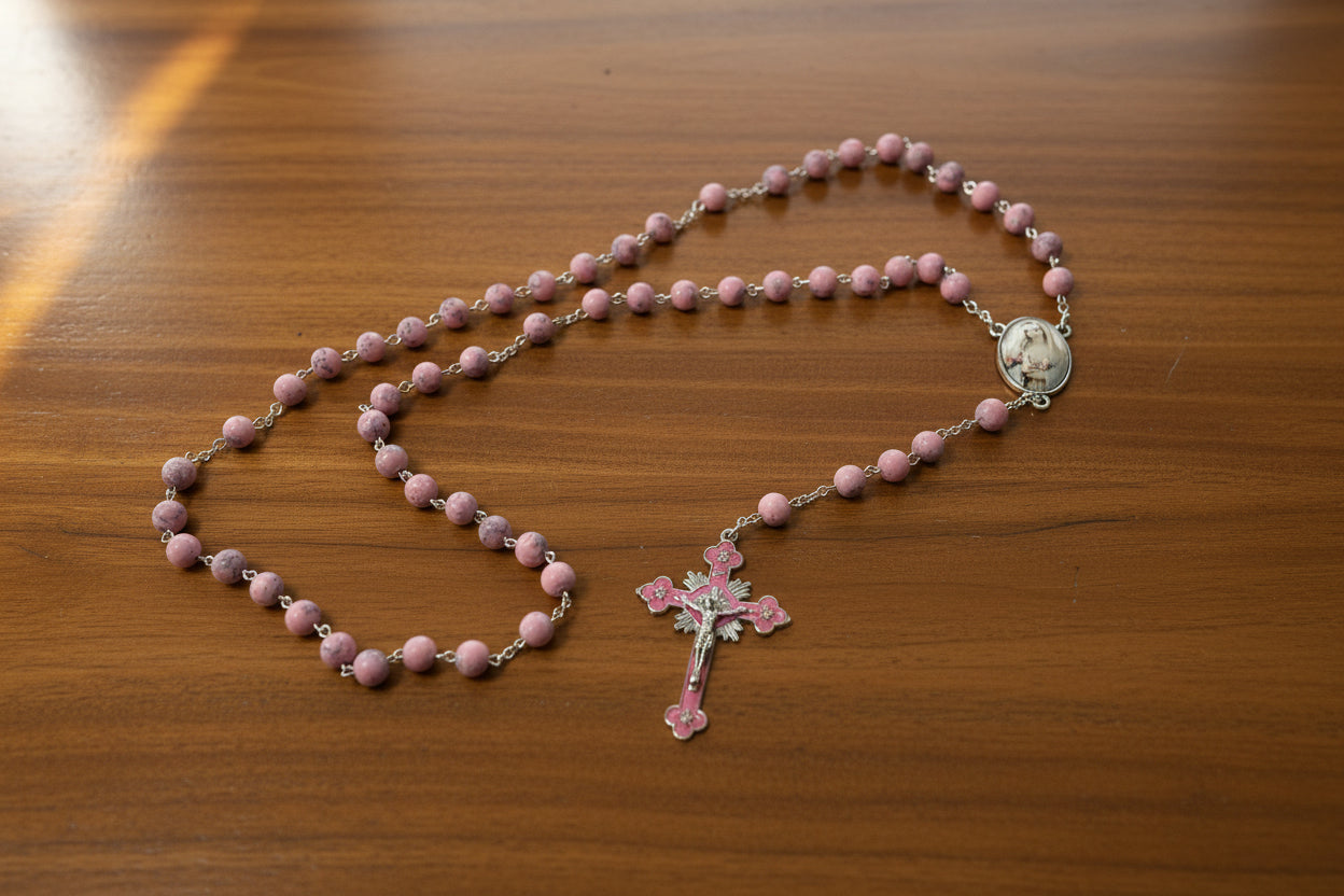 Pink rosary with a cross on a wooden surface