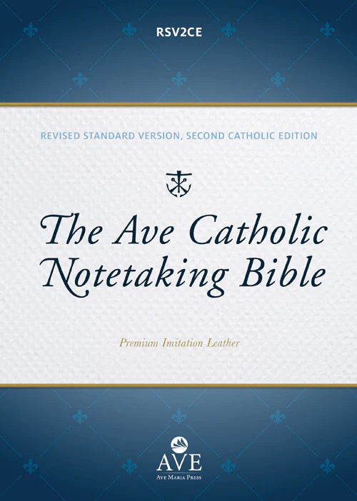 Front cover of The Ave Catholic Notetaking Bible, Revised Standard Version, Second Catholic Edition, featuring a cream center panel with navy title text and a blue patterned border, with the Ave Press logo at the bottom.
