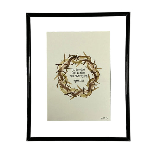 Framed artwork with a wreath of thorns and text on a beige background