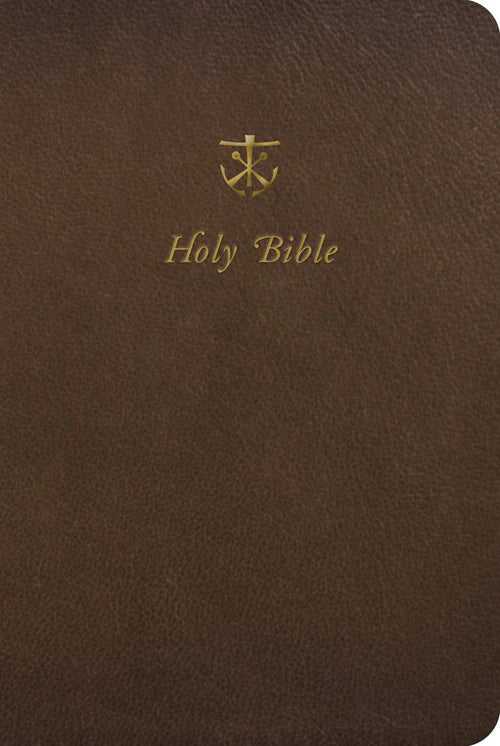 Brown leather Bible cover with gold embossed text and logo