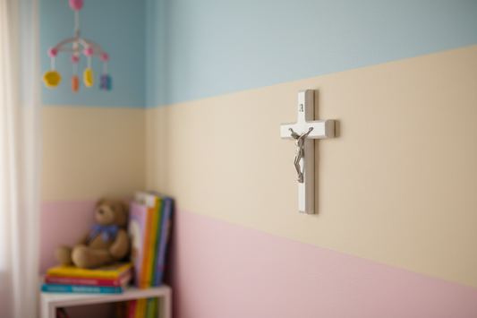 Cross on a wall in a child's room with books and a teddy bear.