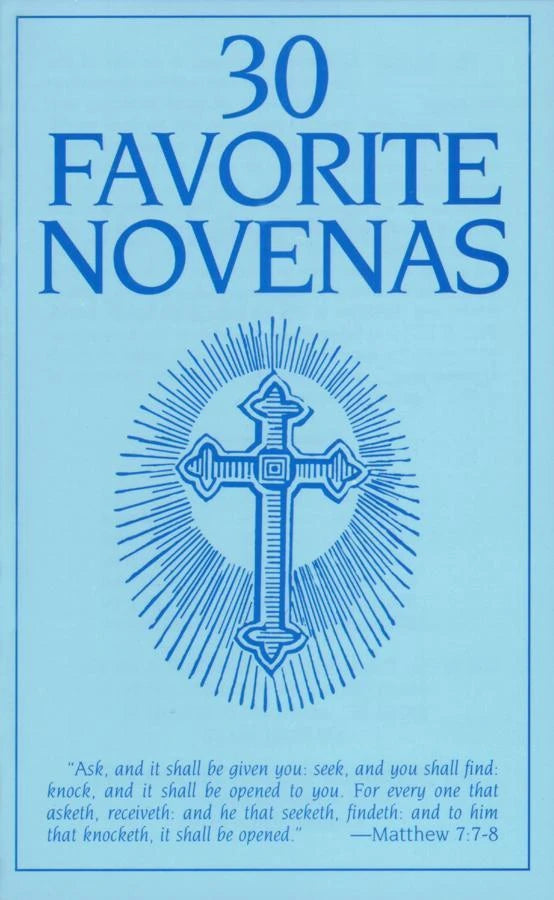 Book cover of '30 Favorite Novenas' with a blue background and cross illustration.
