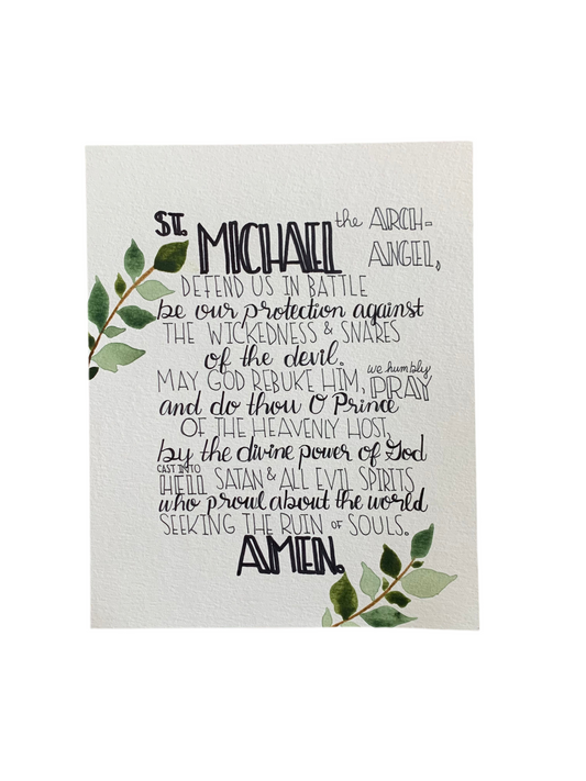 Saint Micheal prayer with green leaves on white backgrounds 