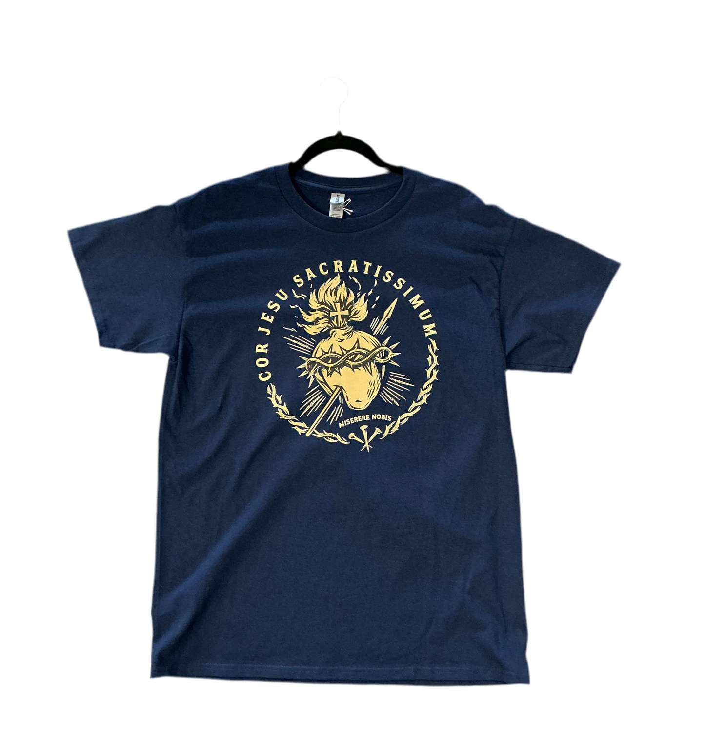 Navy blue t-shirt with gold graphic design on a white background