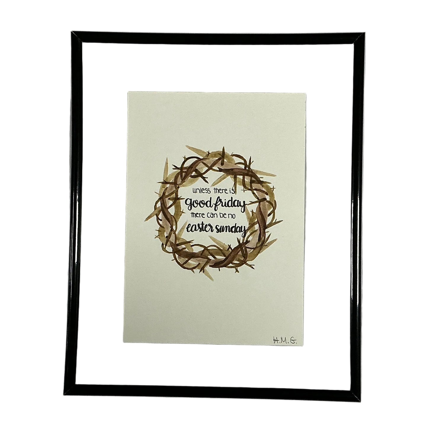 Framed artwork with a wreath design and text on a beige background