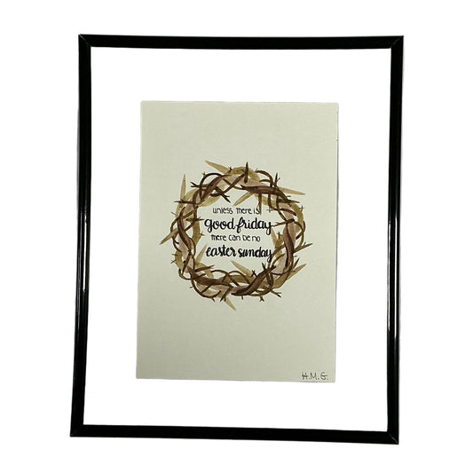 Framed artwork with a wreath design and text on a beige background