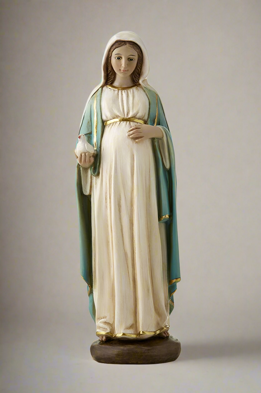 Pregnant Mary in a gold and white dress and blue cover holding a dove