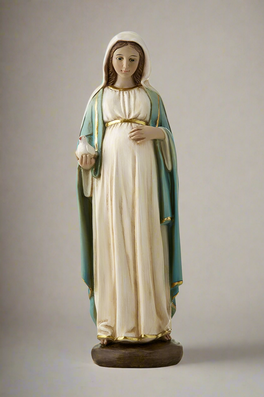 Pregnant Mary in a gold and white dress and blue cover holding a dove