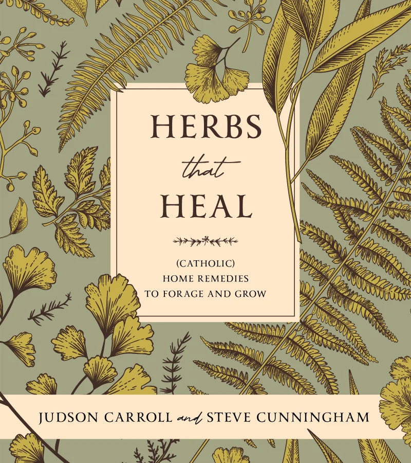 Book cover with botanical illustrations and text 'Herbs that Heal' on a green background