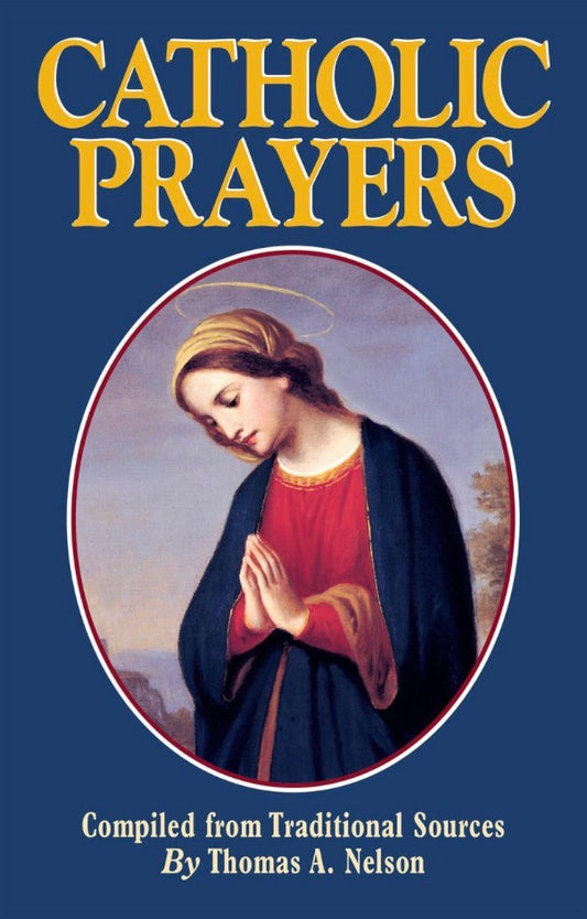 Book cover of 'Catholic Prayers' with an image of a praying Virgin Mary on a blue background.