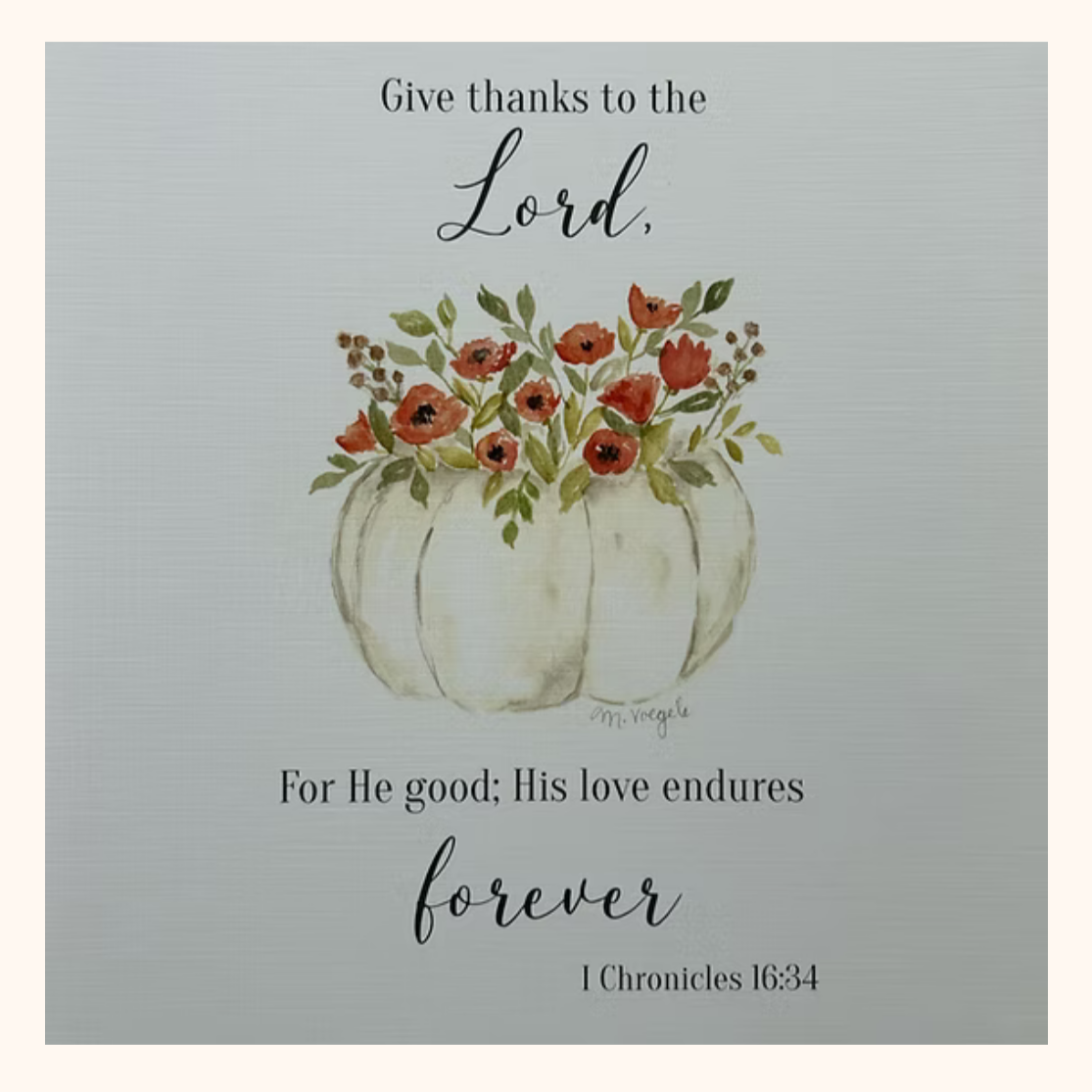 Product listings for 'Cardinal with scripture' and '1 Chronicles 16:34 pumpkin' 