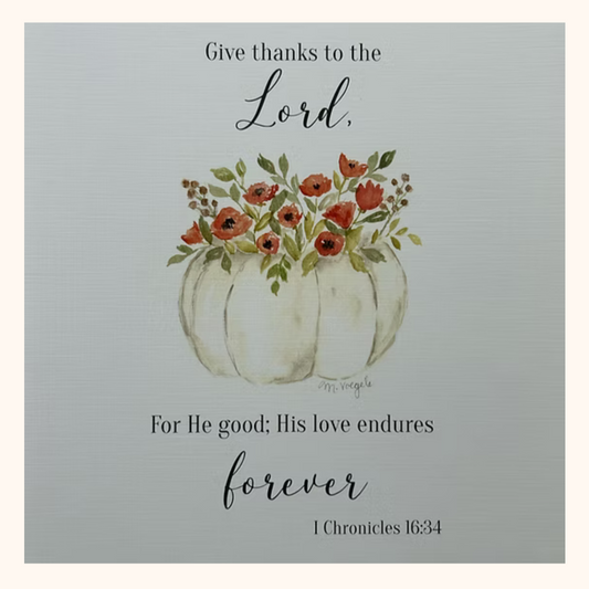 Product listings for 'Cardinal with scripture' and '1 Chronicles 16:34 pumpkin' 