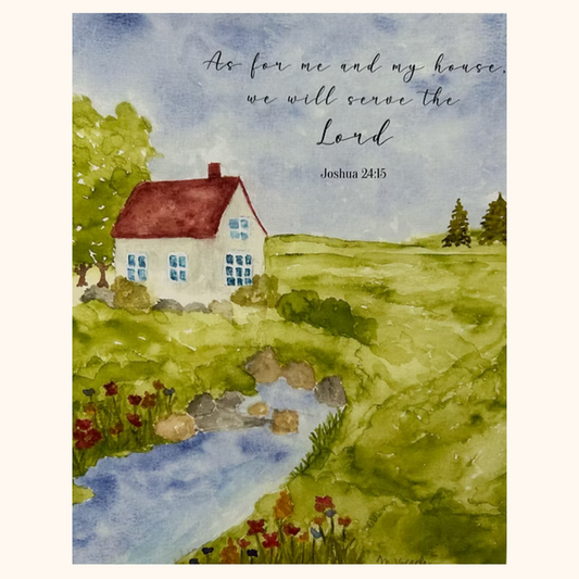 Watercolor painting of a house by a lake with text overlay