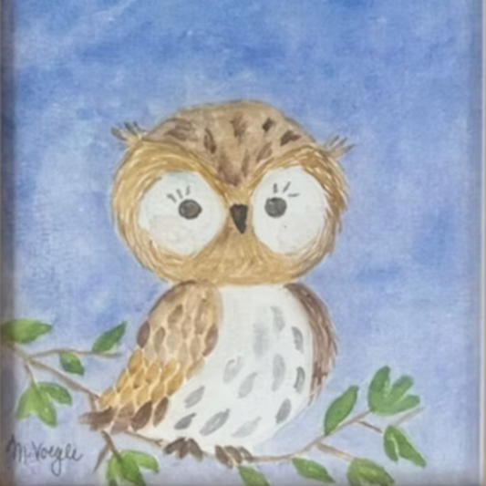 Painting of an owl on a branch with a blue background