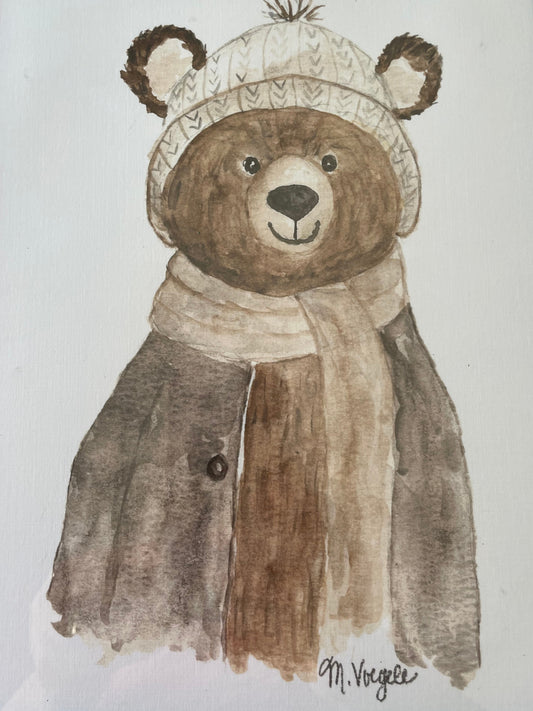 Illustration of a teddy bear wearing a coat on a white background