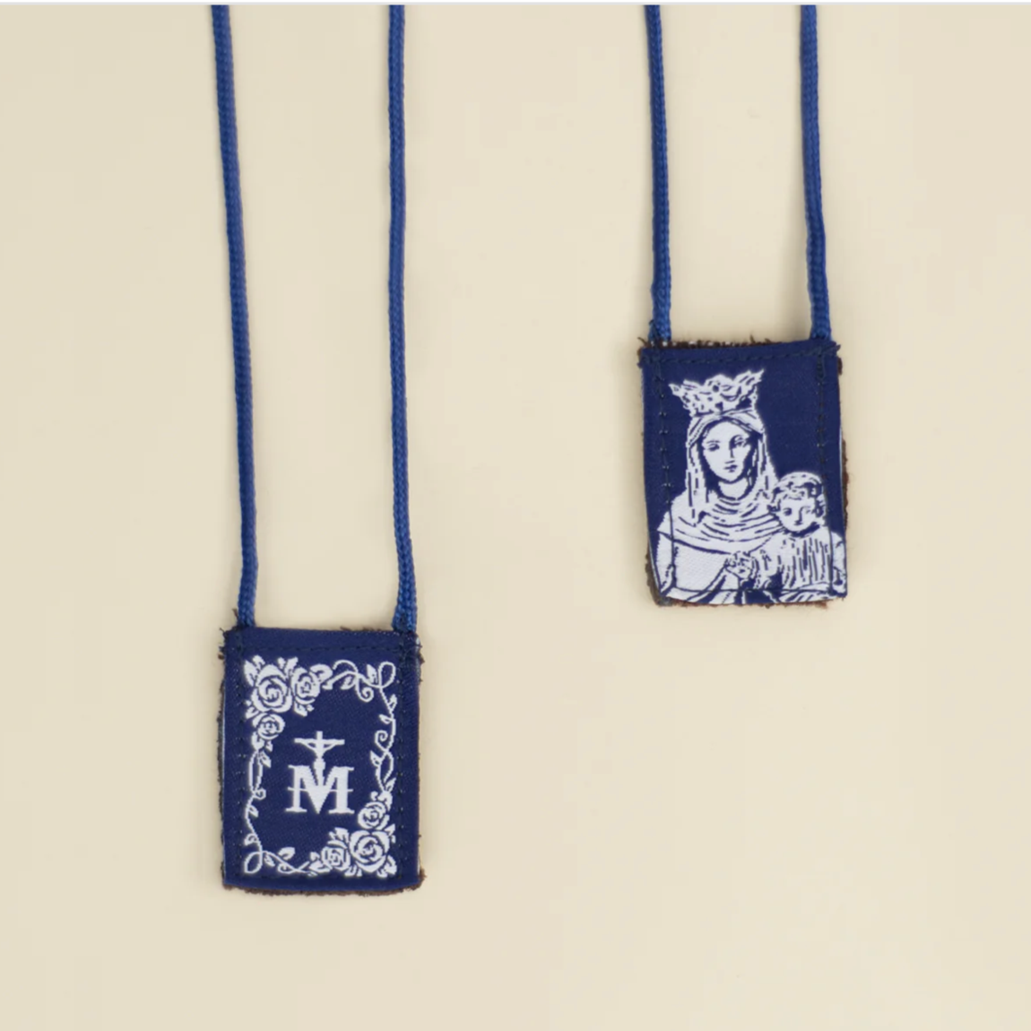 Blue scapulars with image of Our Lady and the child Jesus