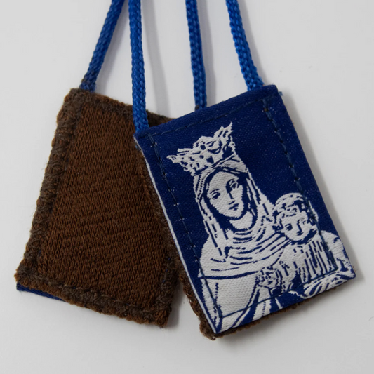 Blue scapular with brown background of Our Lady of Mount Carmel
