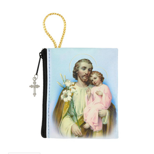 St. Joseph zipper Rosary case with image of St. Joseph holding a child 