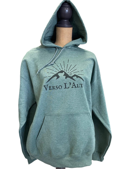 Green hoodie with 'Verso L'Alt' logo on a mannequin against a fabric background