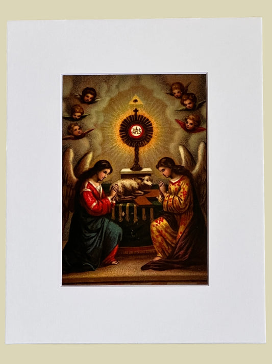 Framed artwork of a religious scene with figures and a central light source 