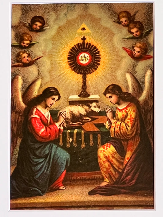 Religious artwork depicting a scene with figures and a monstrance, likely from a religious or historical context.
