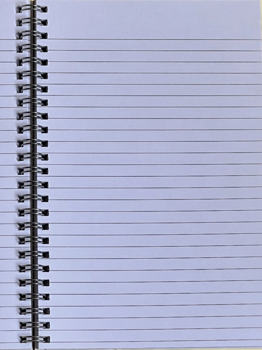 Close-up of a spiral-bound notebook with lined pages on a light blue background