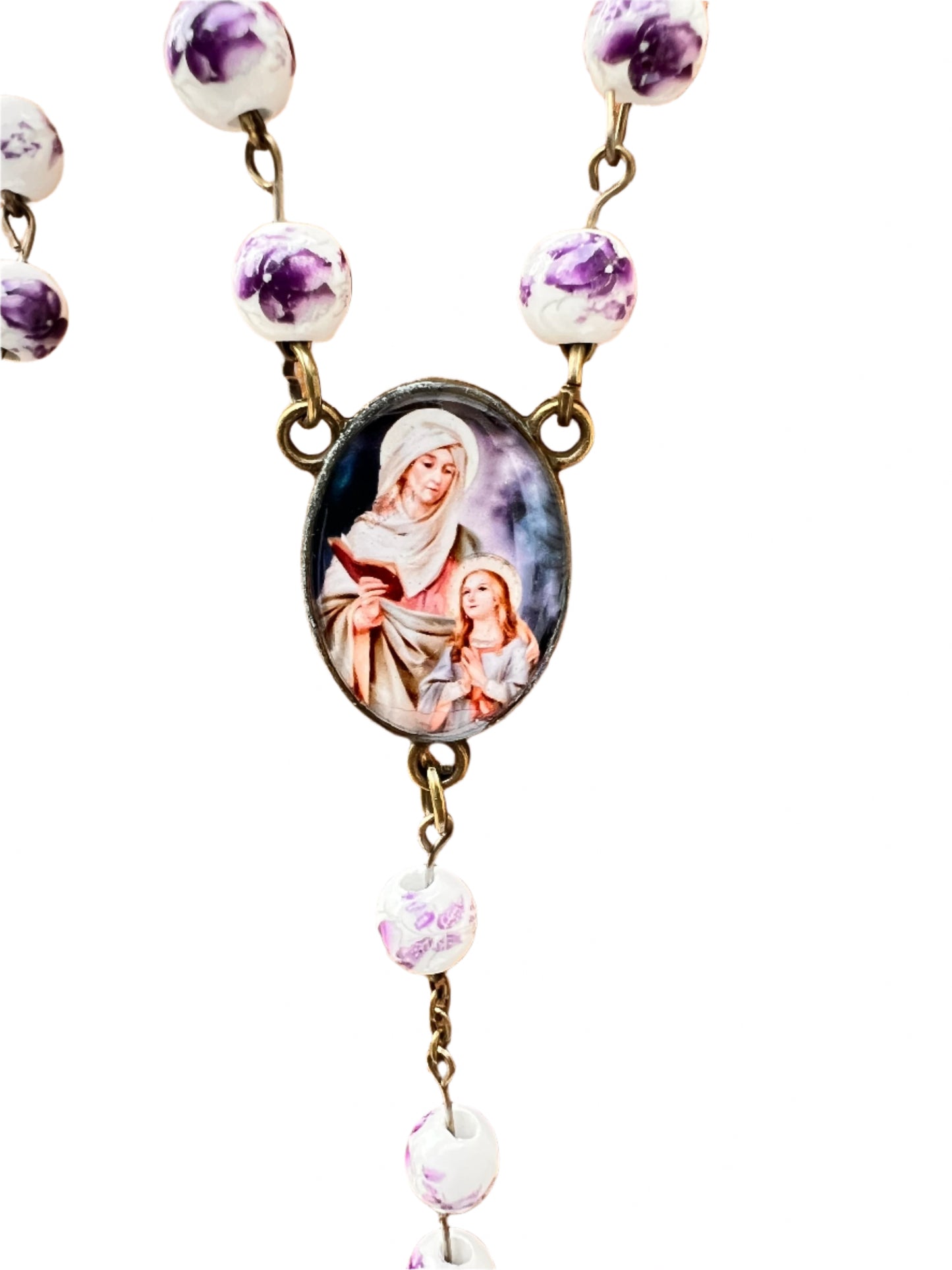 Rosary with a central pendant featuring an image of St. Anne and Mary on a white background