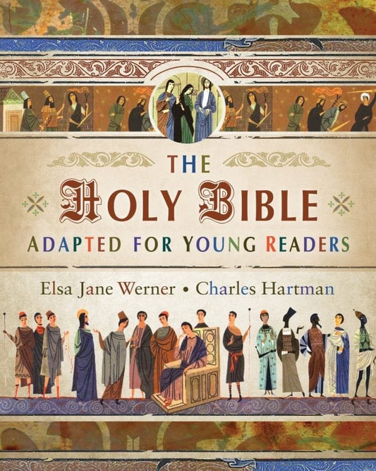 Cover of 'The Holy Bible Adapted for Young Readers' with illustrated characters and text.