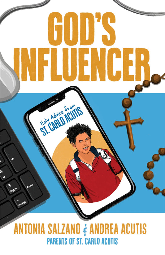 Book cover of 'God's Influencer' with a smartphone, keyboard, and rosary on a white background.