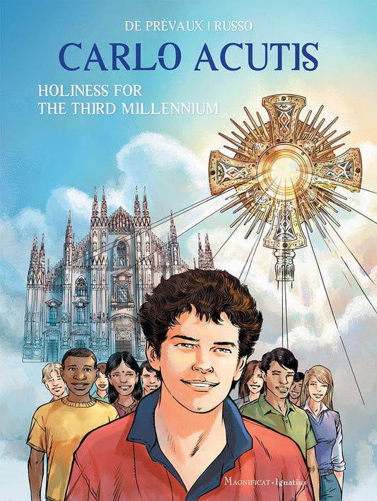 Book cover of 'Carlo Acutis: Holiness for the Third Millennium' with a young man and cathedral illustration.