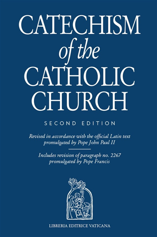 Catechism of the Catholic Church book cover with text and Vatican logo on a blue background