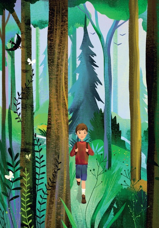 Illustration of a person walking through a forest with tall trees and green foliage.