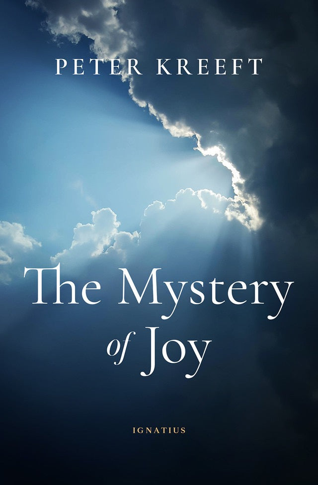 Book cover of 'The Mystery of Joy' by Peter Kreeft with a blue sky and clouds background.