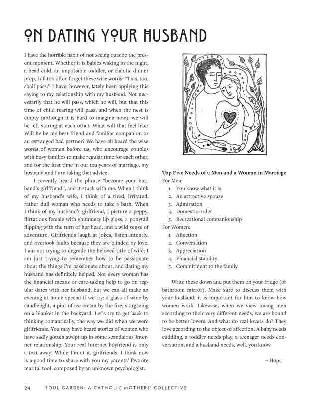 Page from a book titled 'On Dating Your Husband' with text and an illustration of a woman holding a heart.