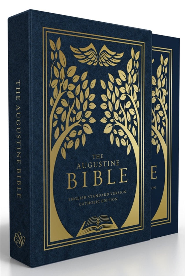 Two volumes of 'The Augustine Bible' with gold leaf design on a white background
