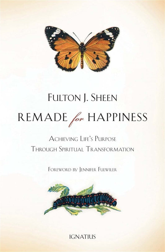 Book cover of 'Remade for Happiness' with a butterfly and caterpillar illustration on a beige background.