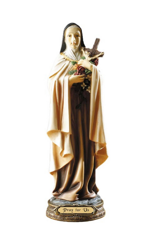 Statue of St. Therese holding a rose and a crucifix