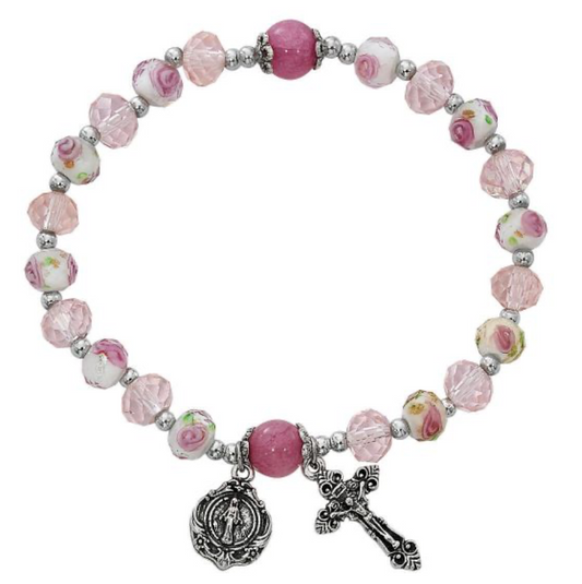 Pink Flower Stretch Crystal Bracelet