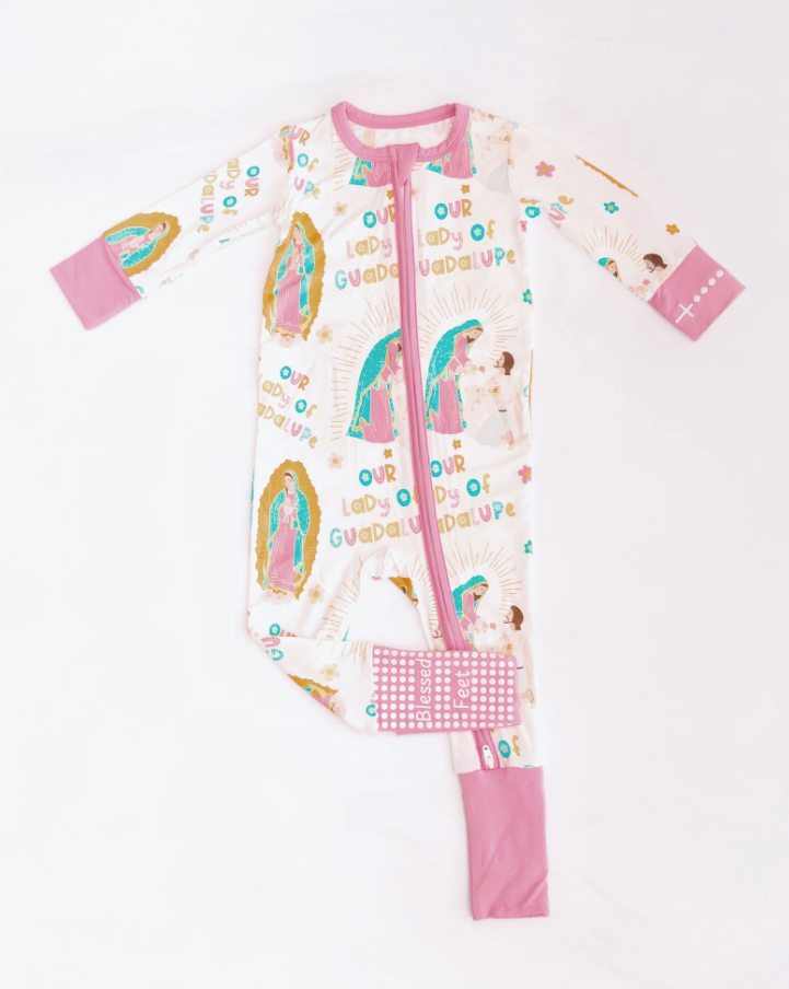 Pajamas with pink and white with our lady 