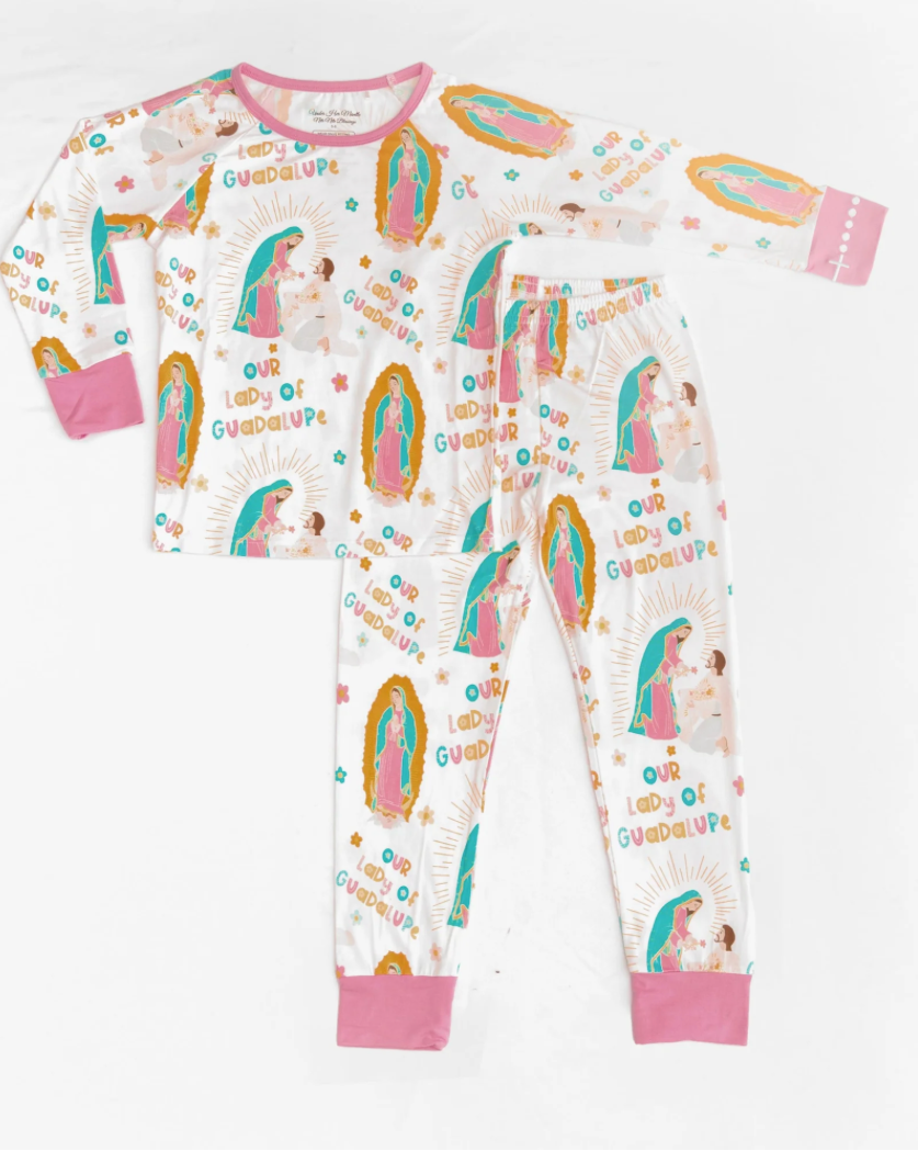 Children's pajama set with Guadalupe design on a white background