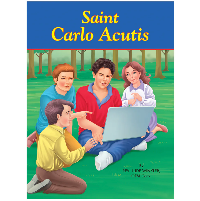 Book cover of 'Saint Carlo Acutis' with four people sitting on grass looking at a laptop.