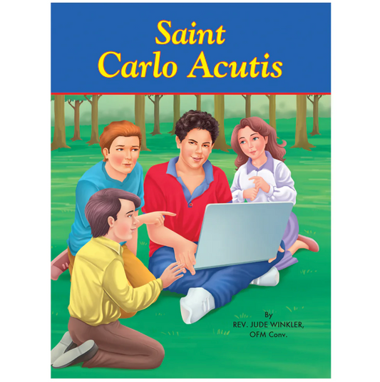 Book cover of 'Saint Carlo Acutis' with four people sitting on grass looking at a laptop.