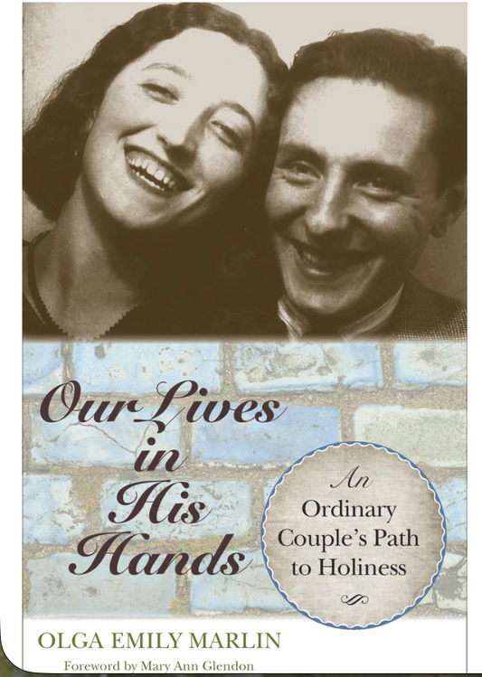 Book cover of 'Our Lives in His Hands' with a couple smiling and a brick background.