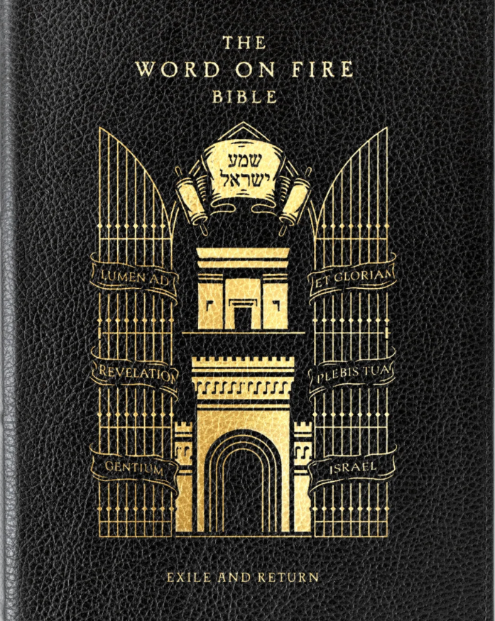 Bible cover with gold design and text on a black background
