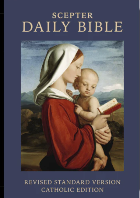 Book cover of Scepter Daily Bible with a painting of a woman holding a child against a blue background