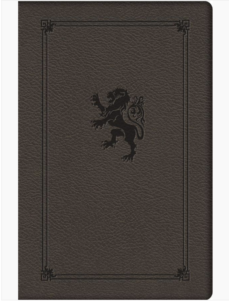 Dark brown leather book with a lion emblem on a white background